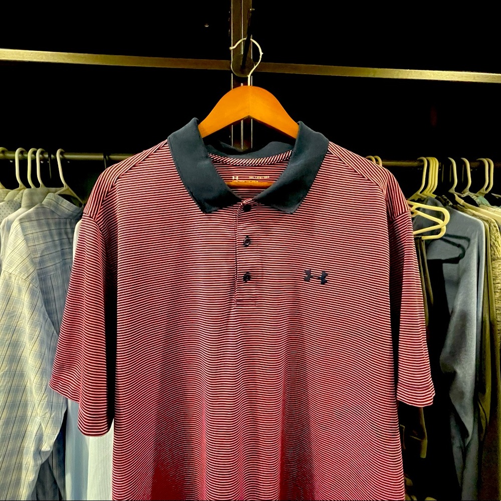 Under Armour, short sleeve polo XXL pink and Navy stripes